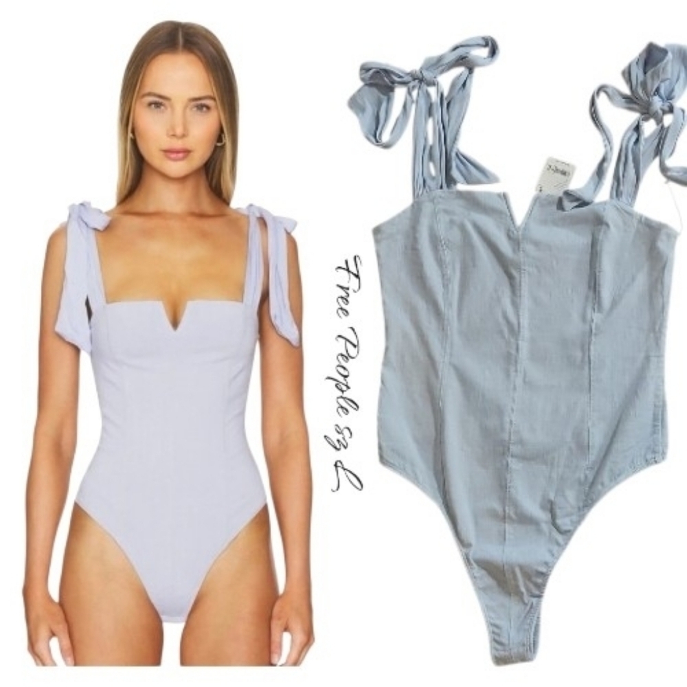 NWT Free People Lola Bodysuit Blue Tie-Strap Sleeveless L